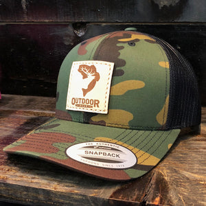 Green Camo & Black Leather Center Patch Hat
